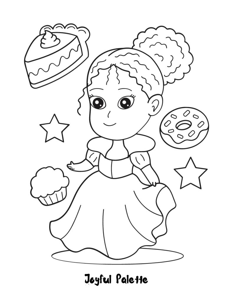Cupcake, Donut and Princess Coloring Page