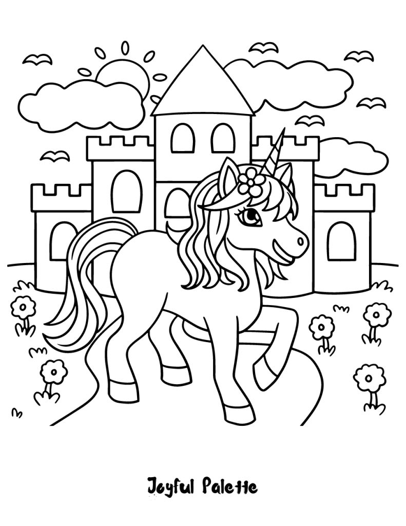 Castle and Unicorn Coloring Page