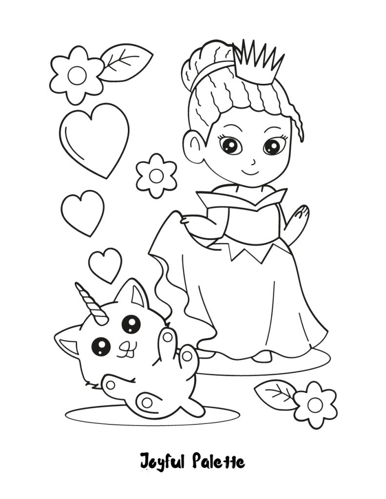 Baby Unicorn and Cute Princess Colouring Page