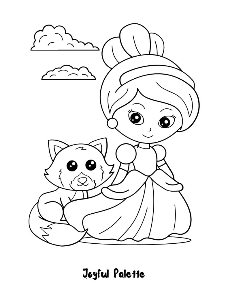 Fox and Lovely Princess Colouring Page
