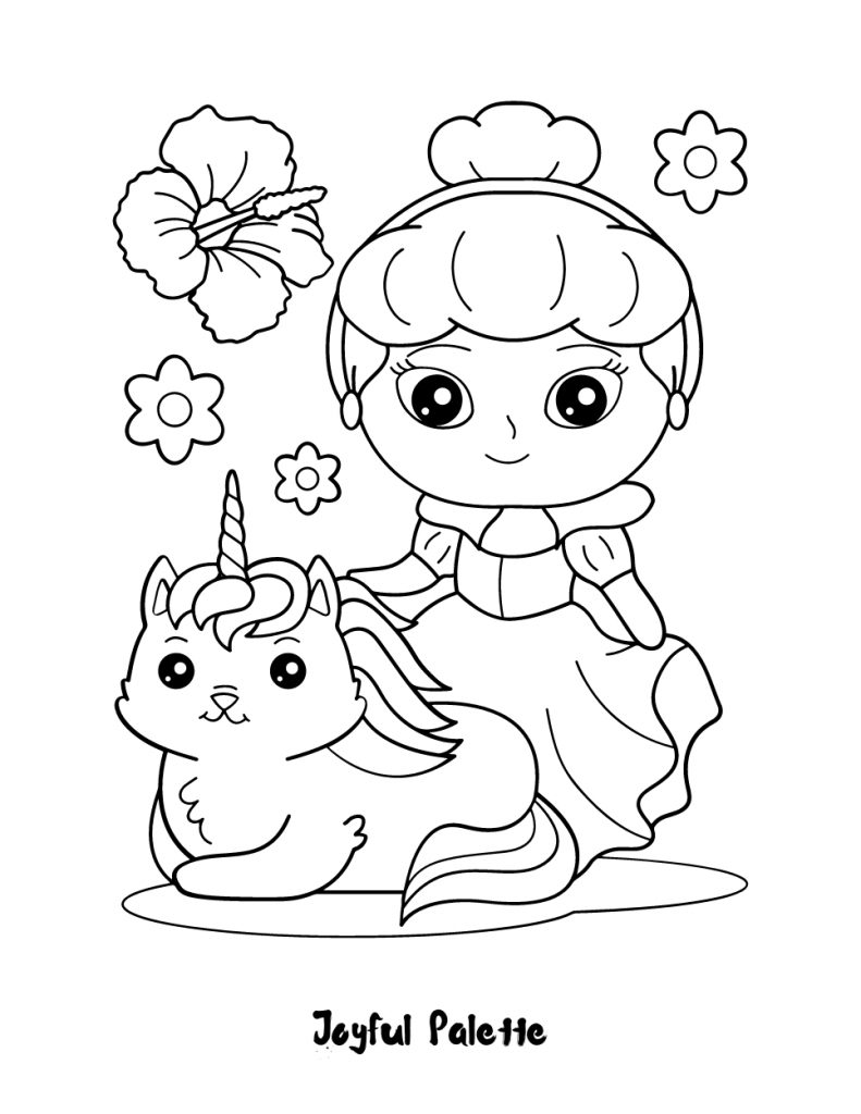 Unicorn and Cute Princess Coloring Page