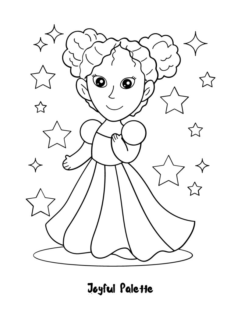 Princess and Shiny Stars Free Coloring Page