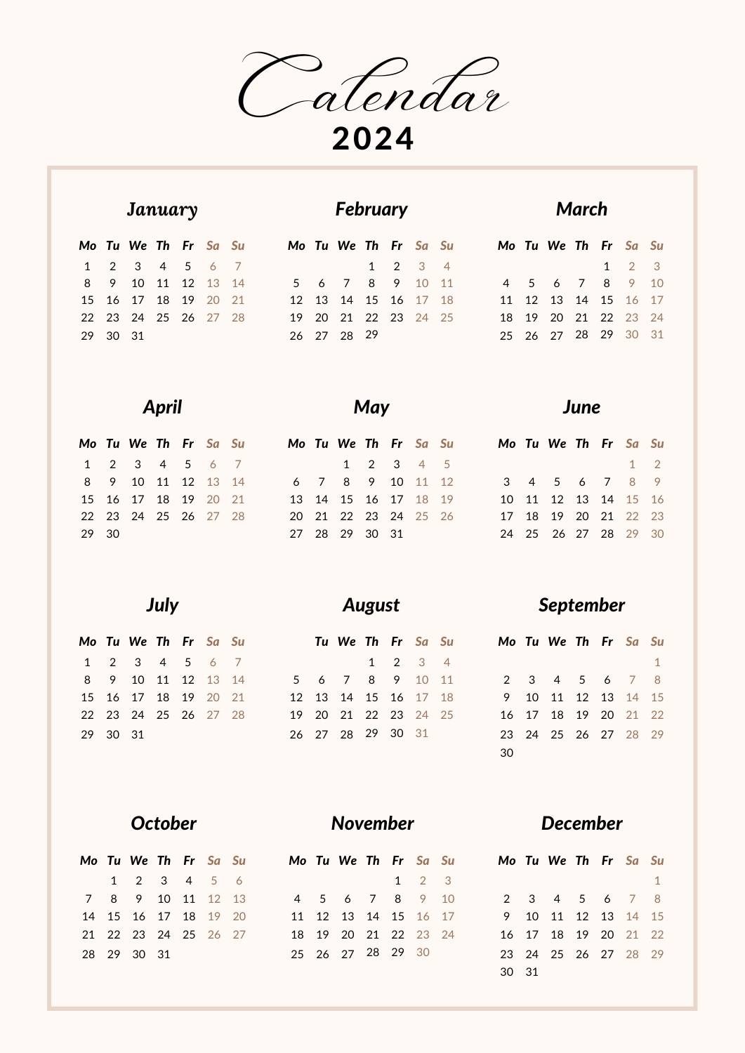 minimal and clean 2024 calendar