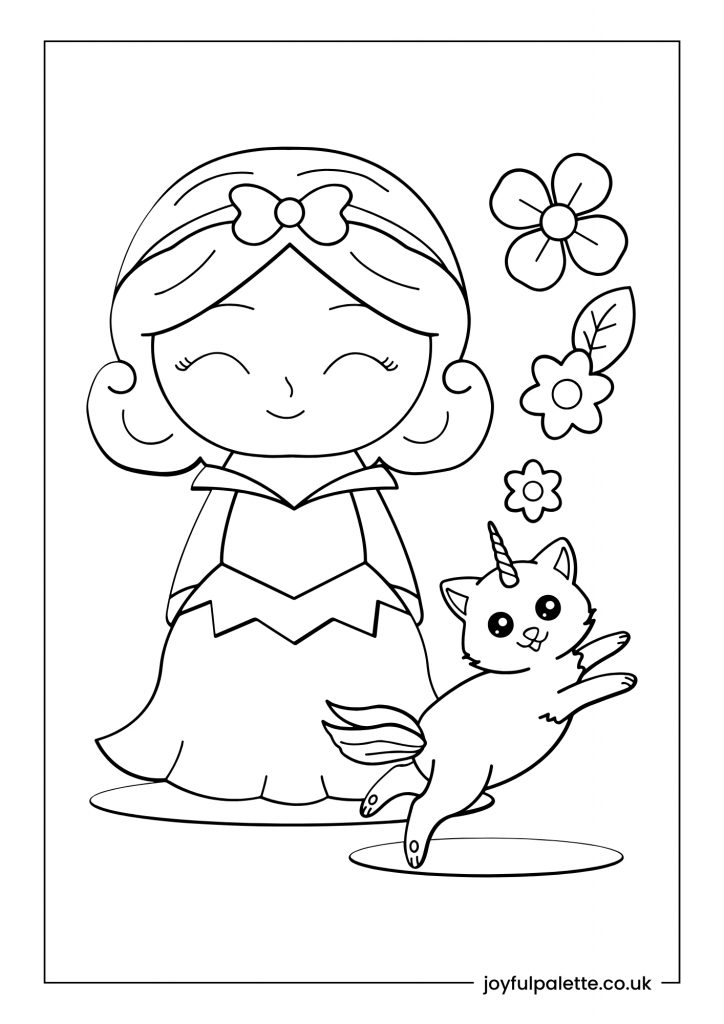 Princess and Unicorn Cat Coloring Page