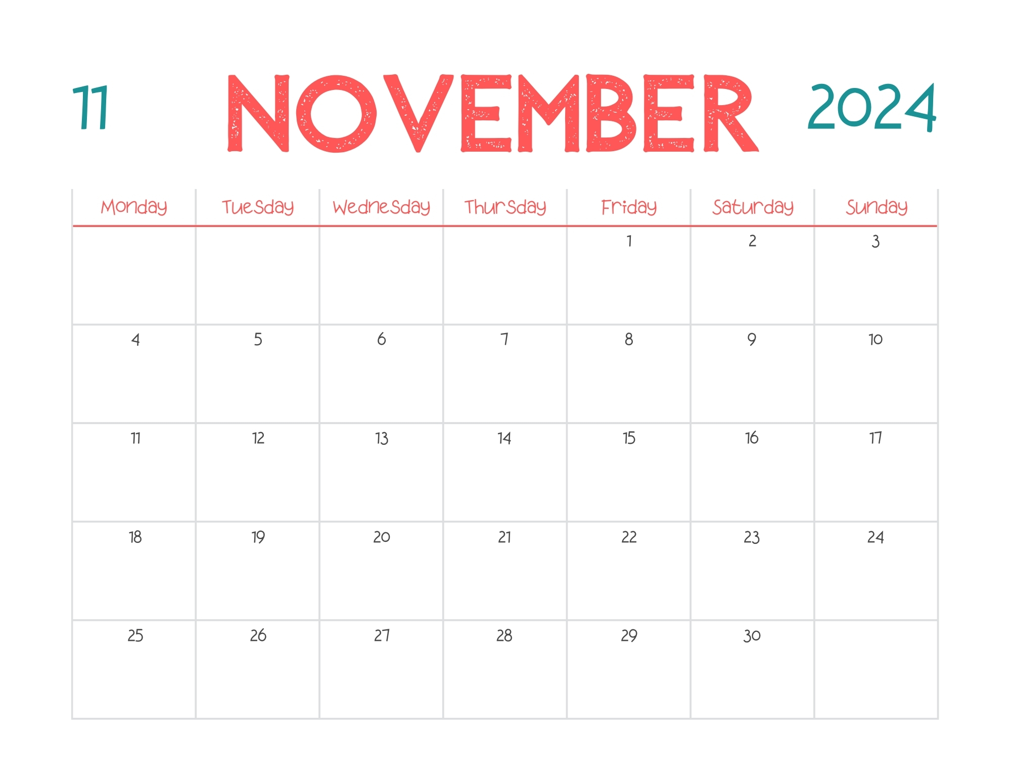cute november calendar 2024