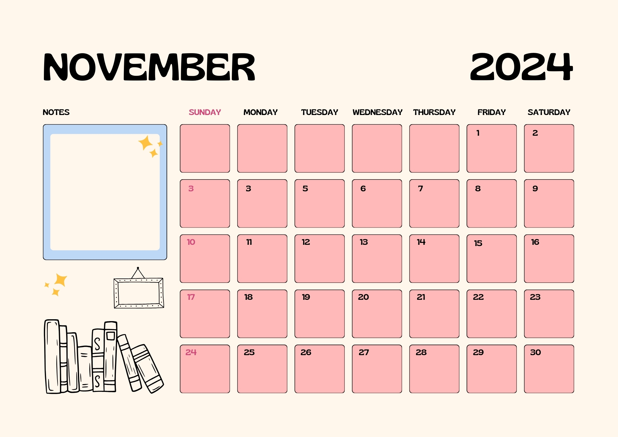 november 2024 calendar for booklovers