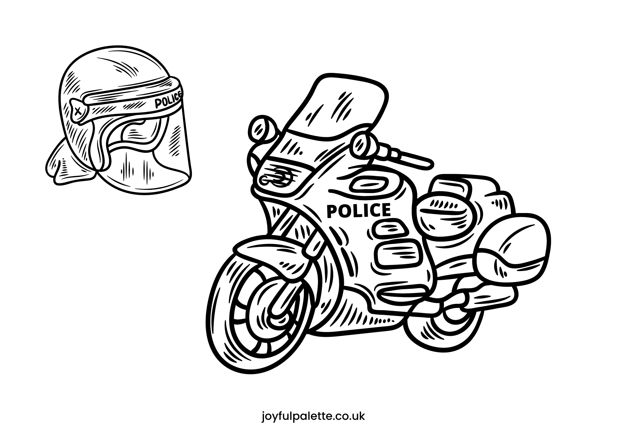 Police Motorcycle and Helmet Coloring Page