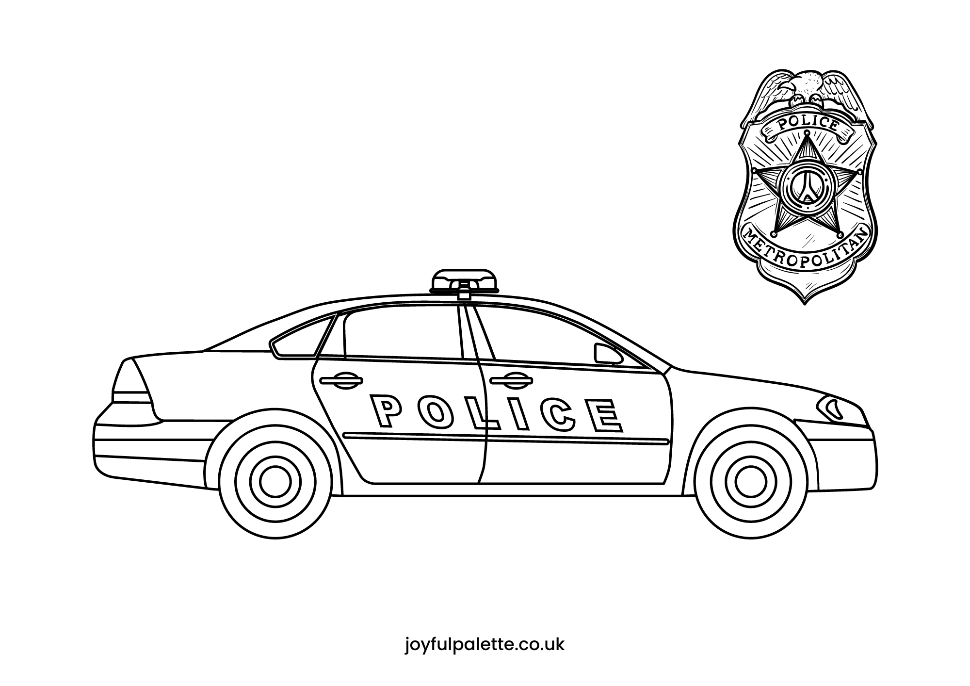 Detailed Police Badge and Vehicle Coloring Page