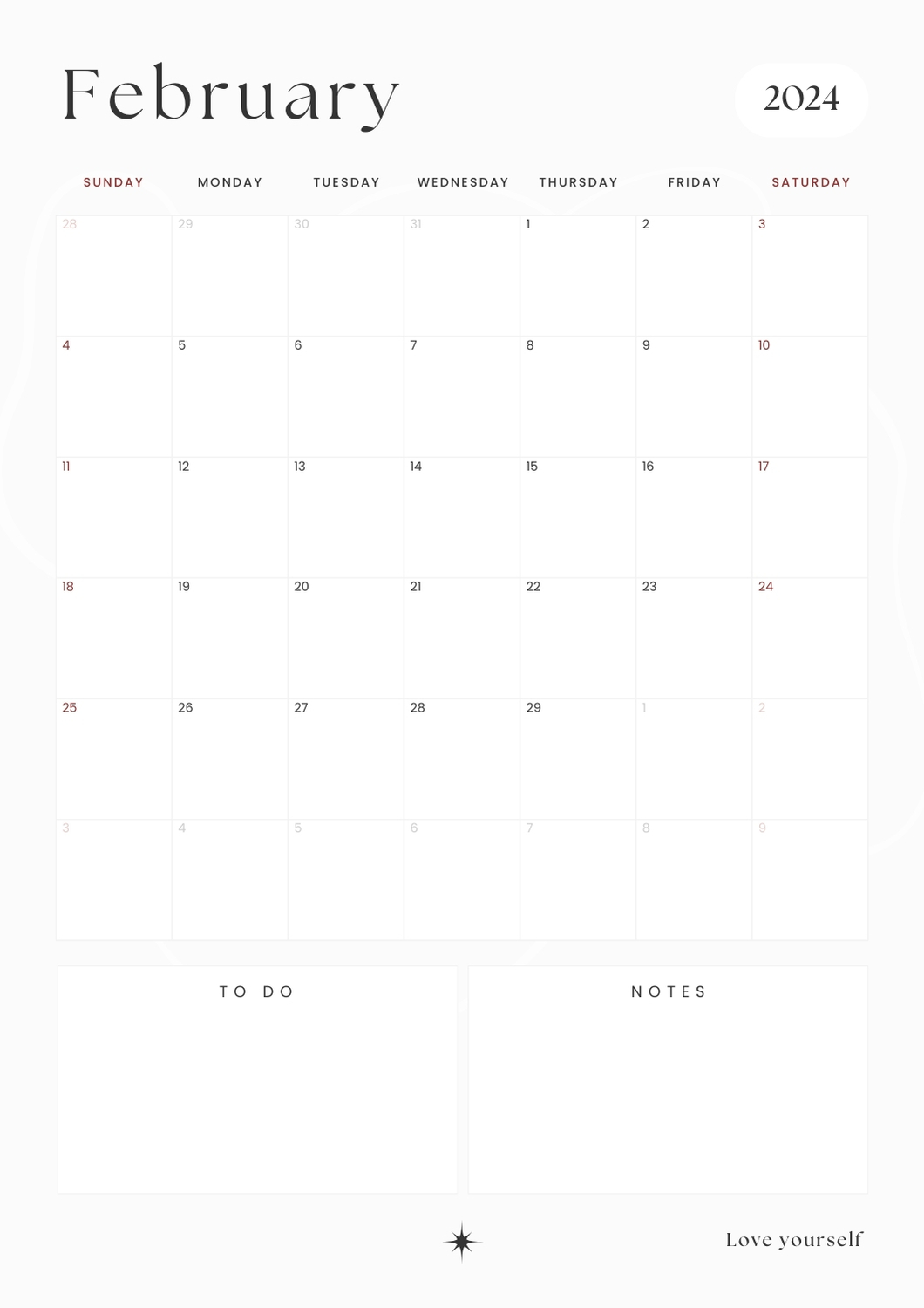 minimalist calendar february 2024