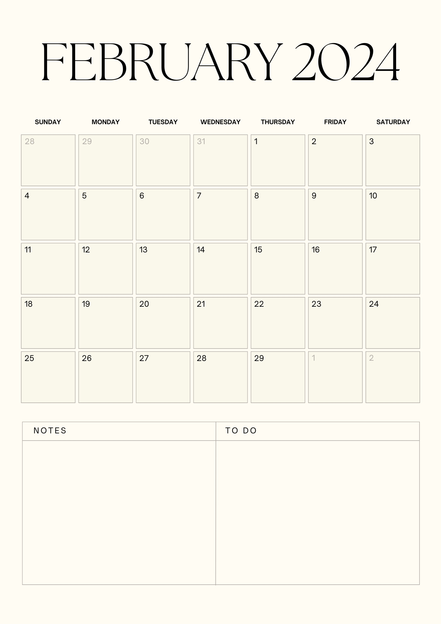 simple and minimal calendar 2024 february