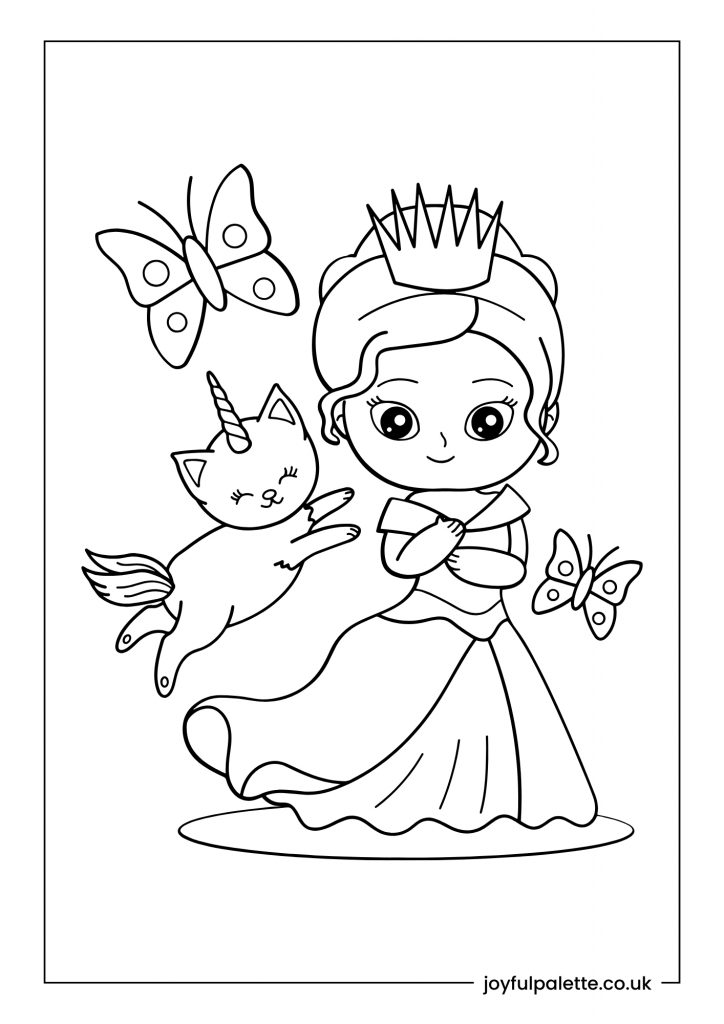 Princess and Unicorn Cat Coloring Page