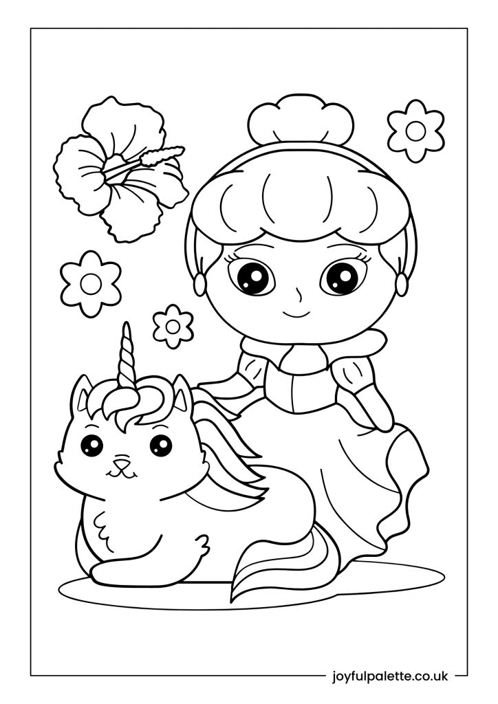Princess with unicorn Coloring Page
