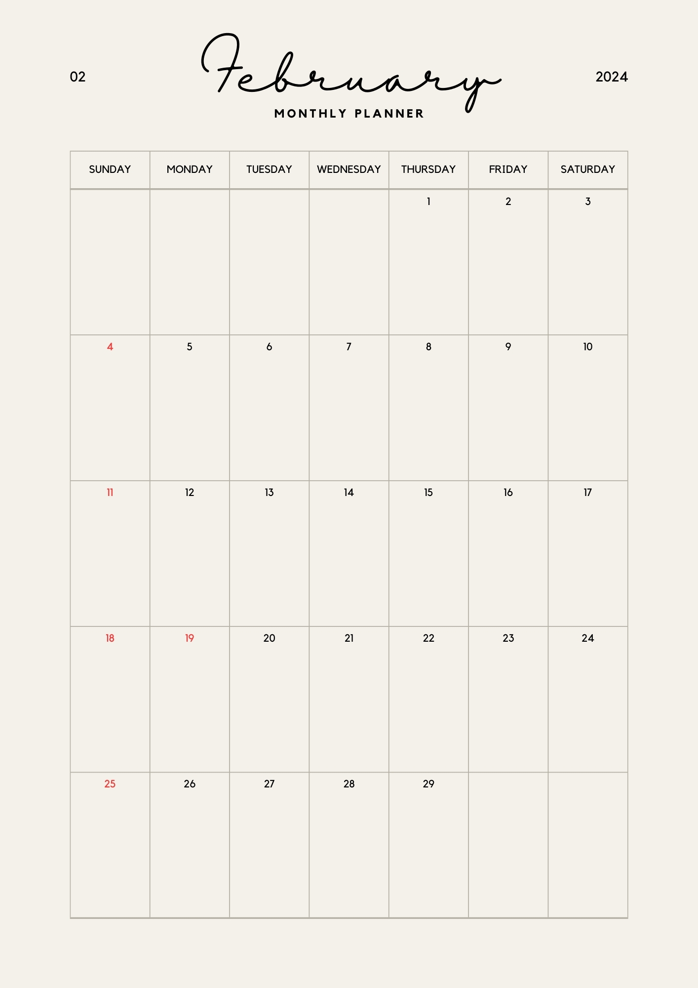 Beige Minimalist Calendar 2024 February 