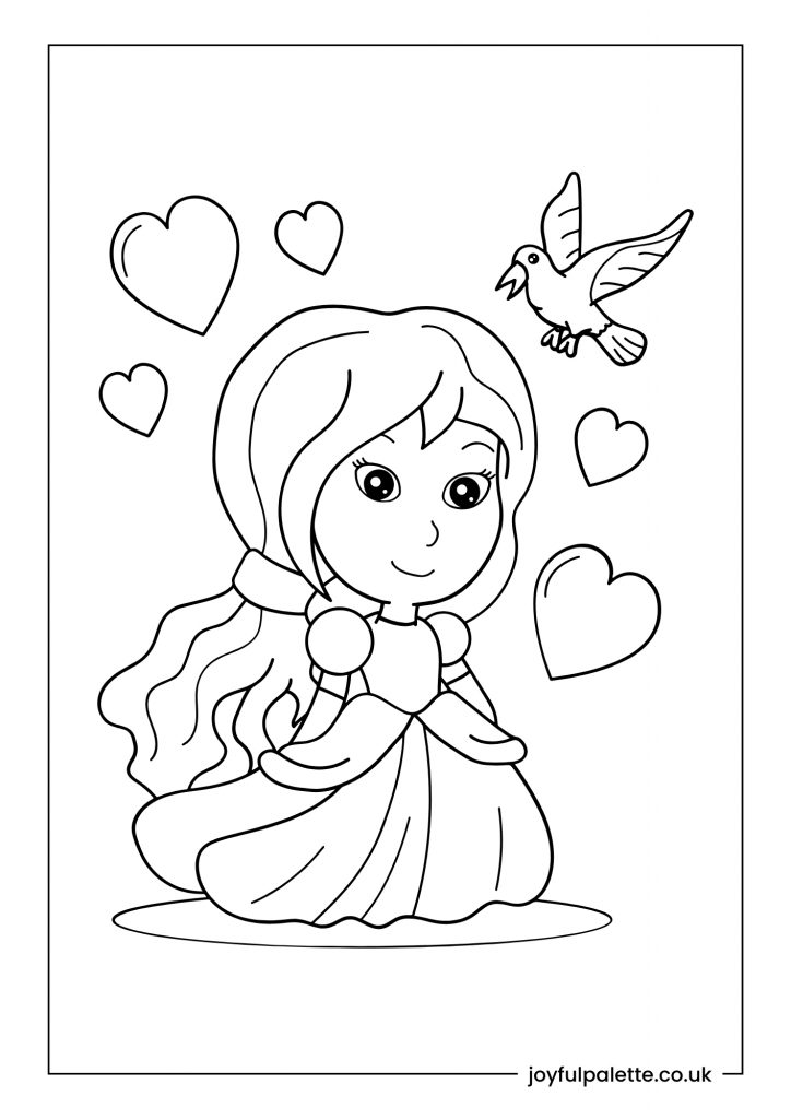 Sweet Princess and Bird Colouring Page