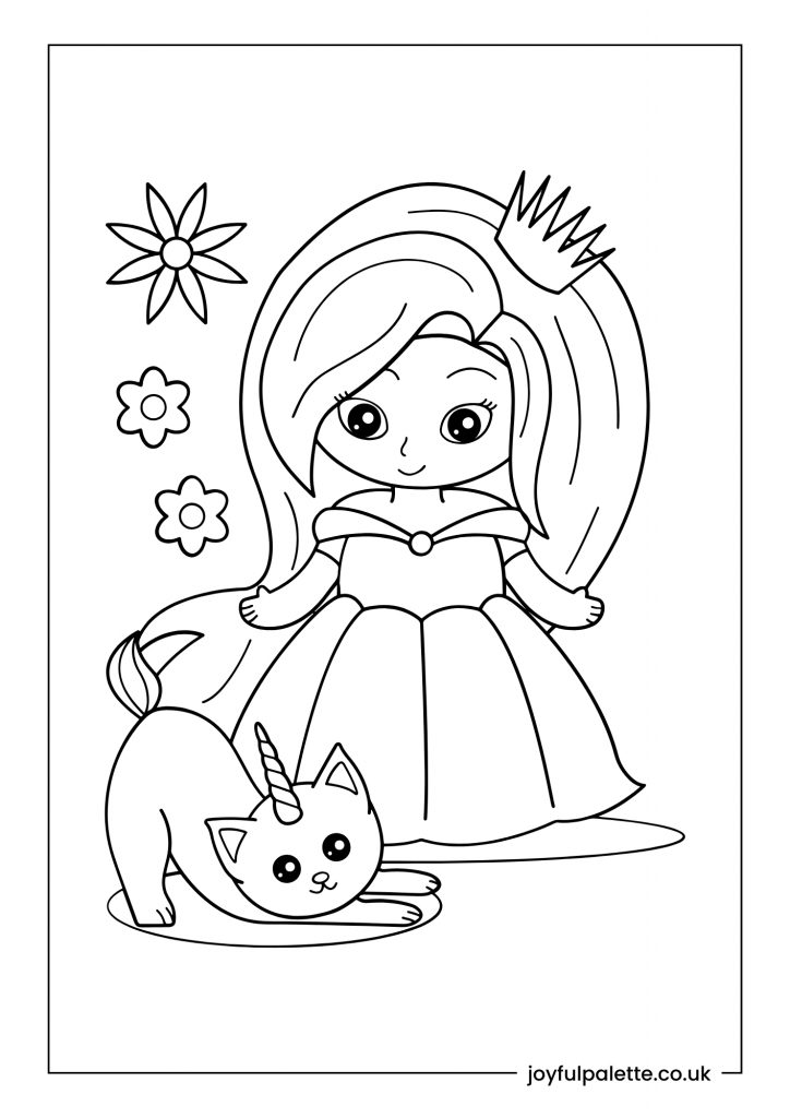 Unicorn Cat and Princess Coloring Page