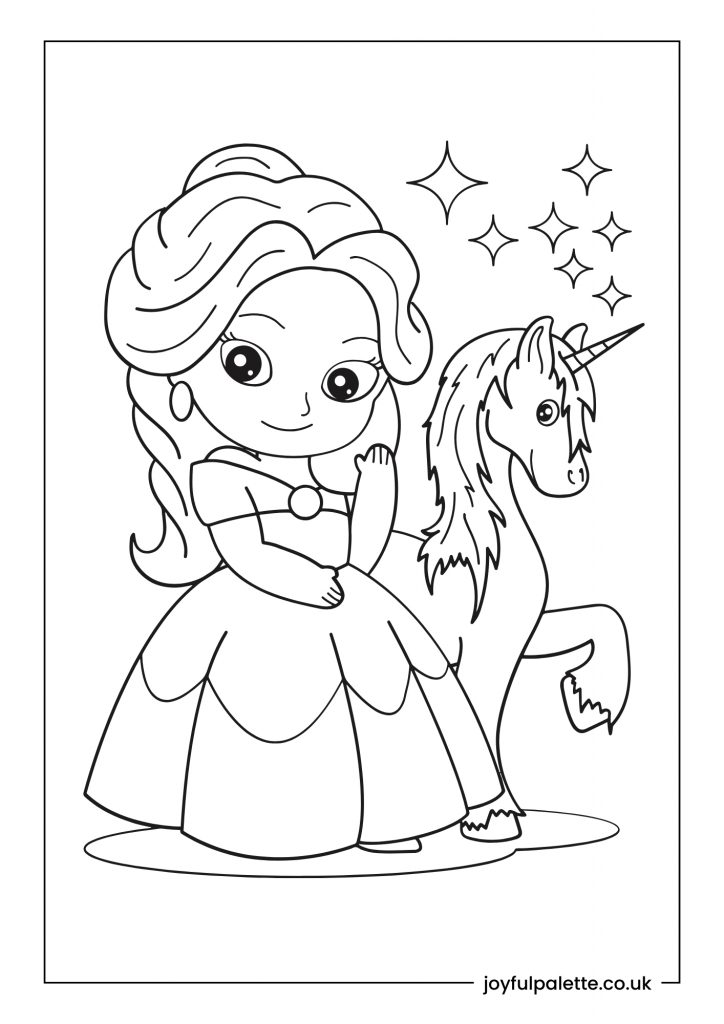 Princess and Unicorn Coloring Page