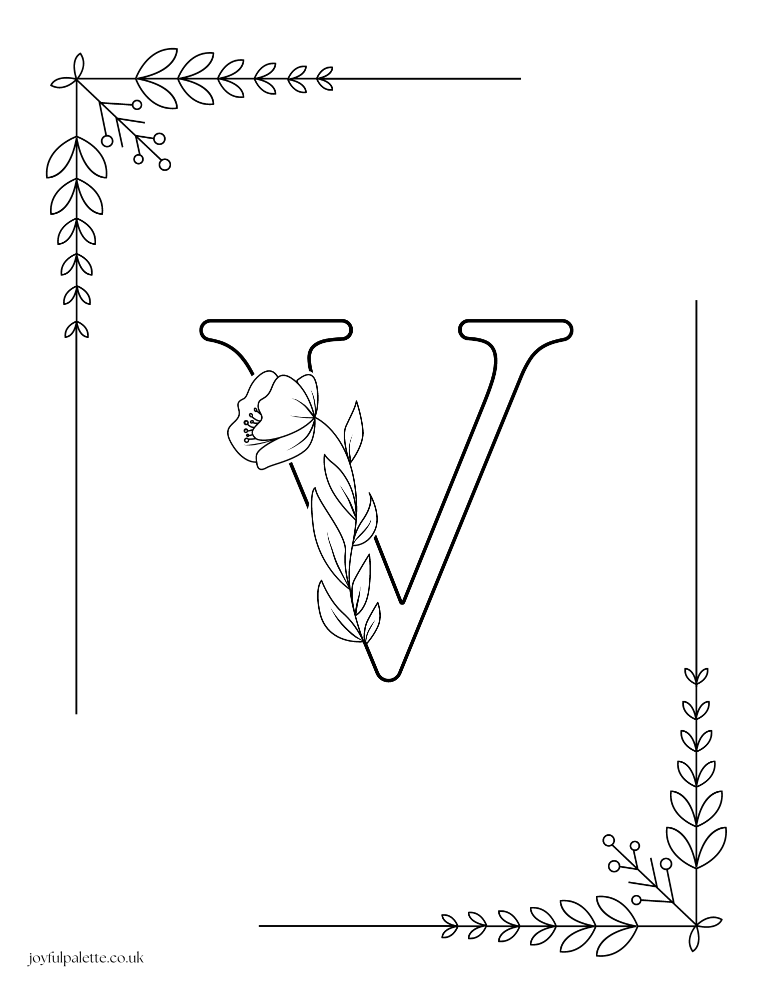 Floral Letter V Coloring Page