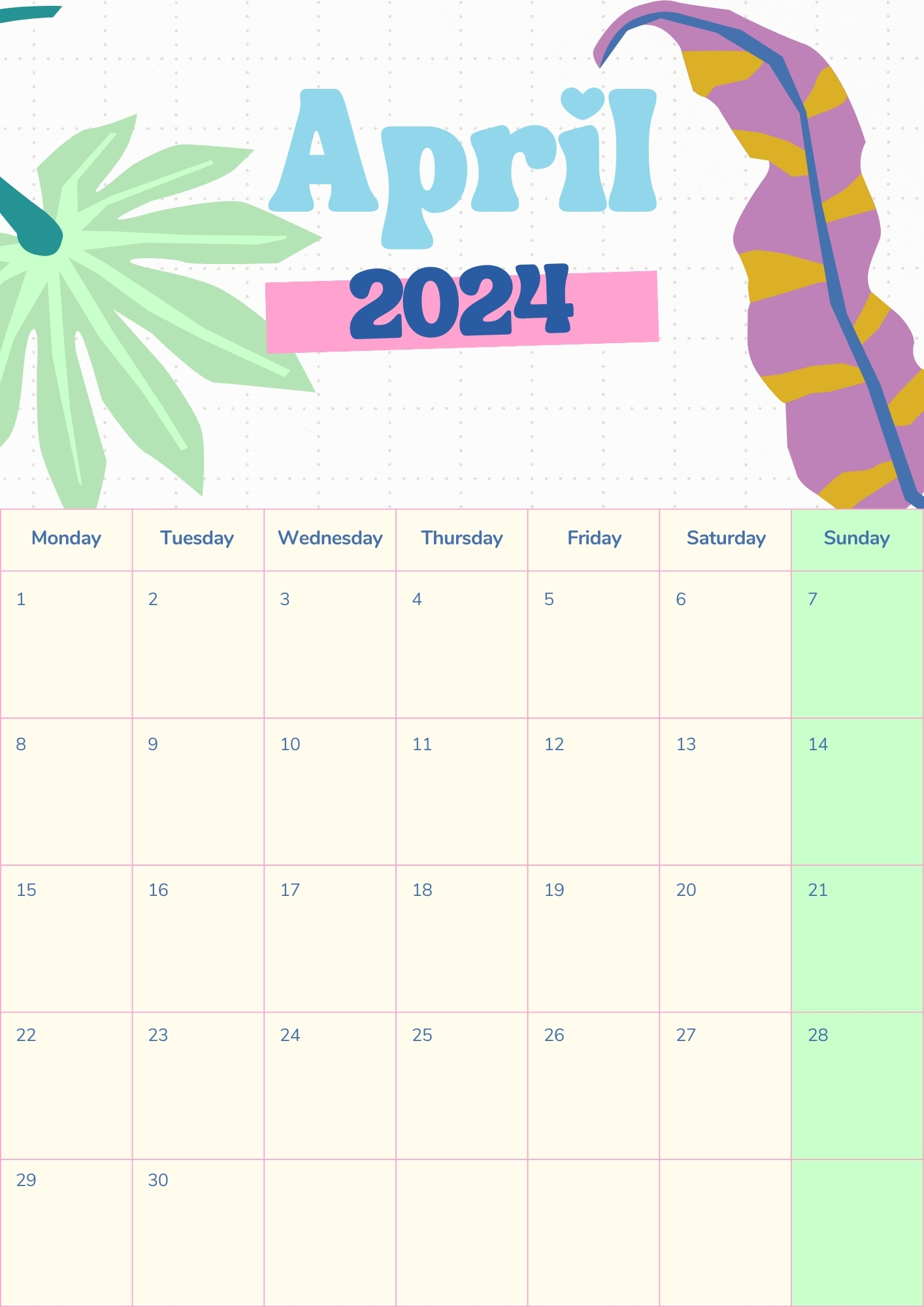 colorful playful yearly calendar 2024