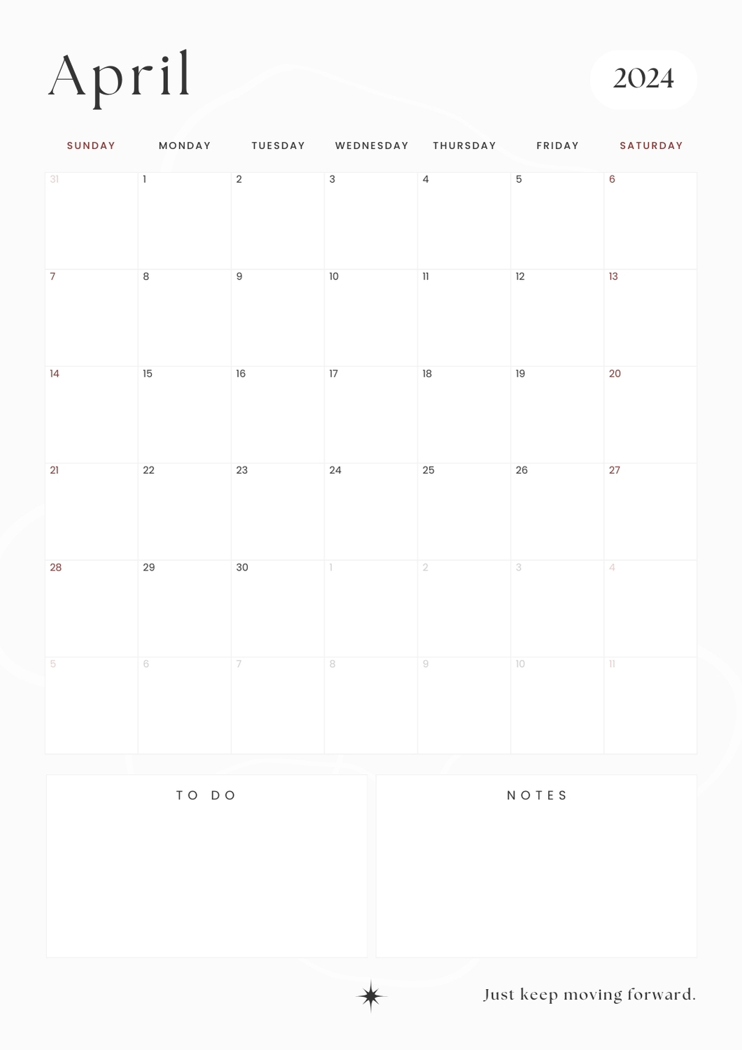 minimalist clean april calendar 2024