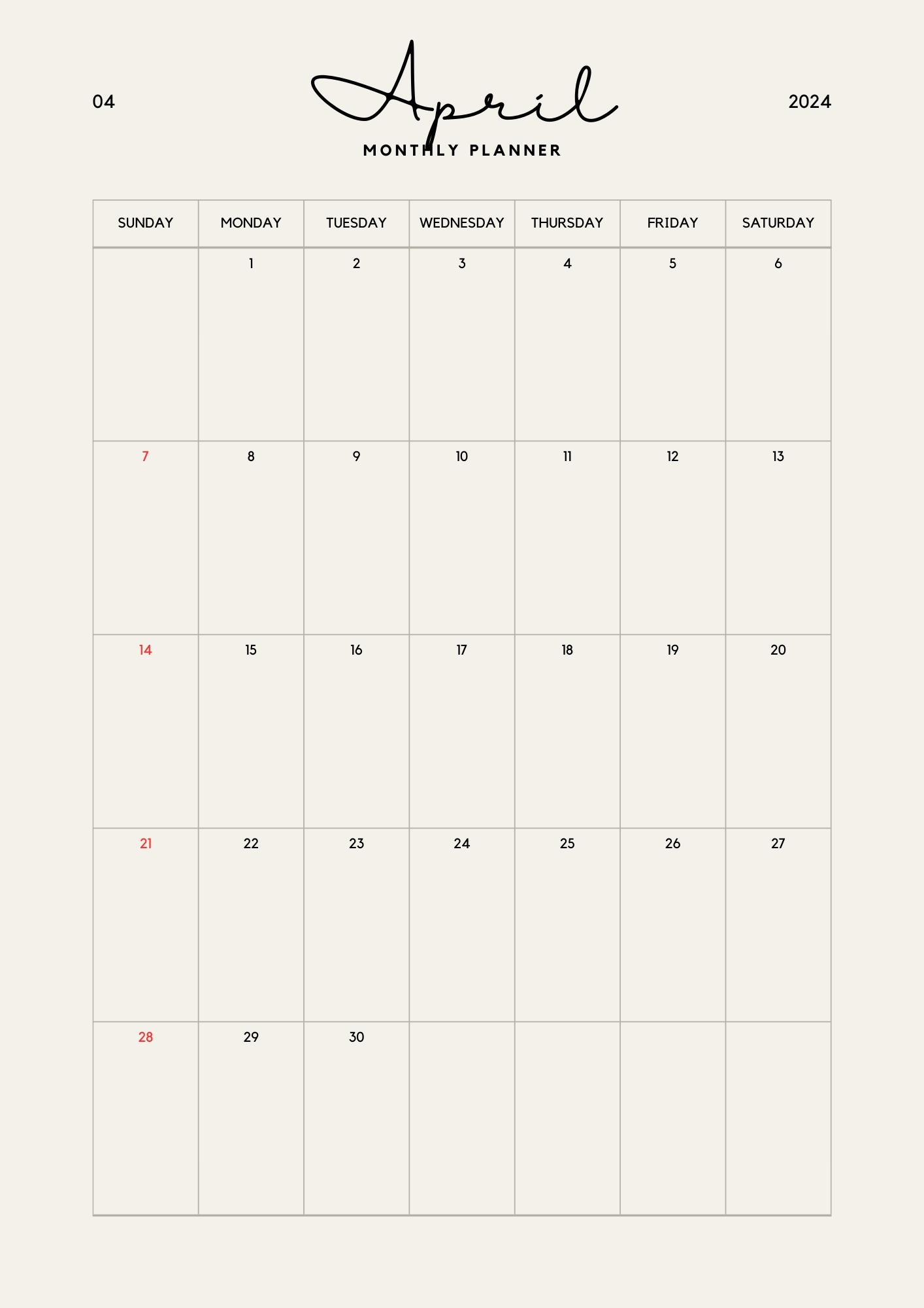 Beige Minimalist Calendar 2024 Monthly Planner