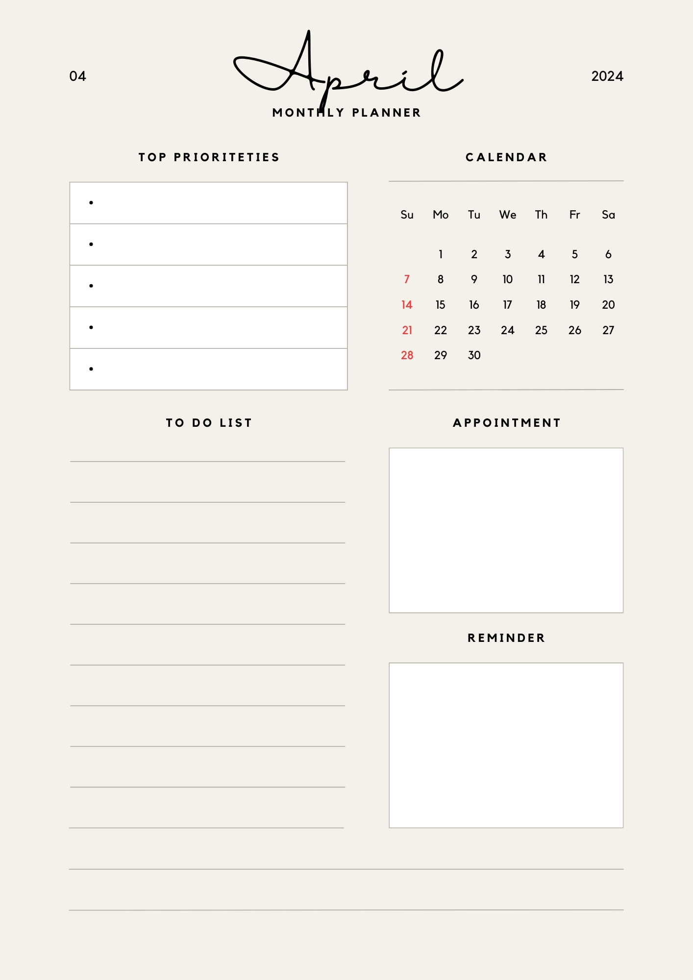 Beige Minimalist Calendar 2024 Monthly Planner