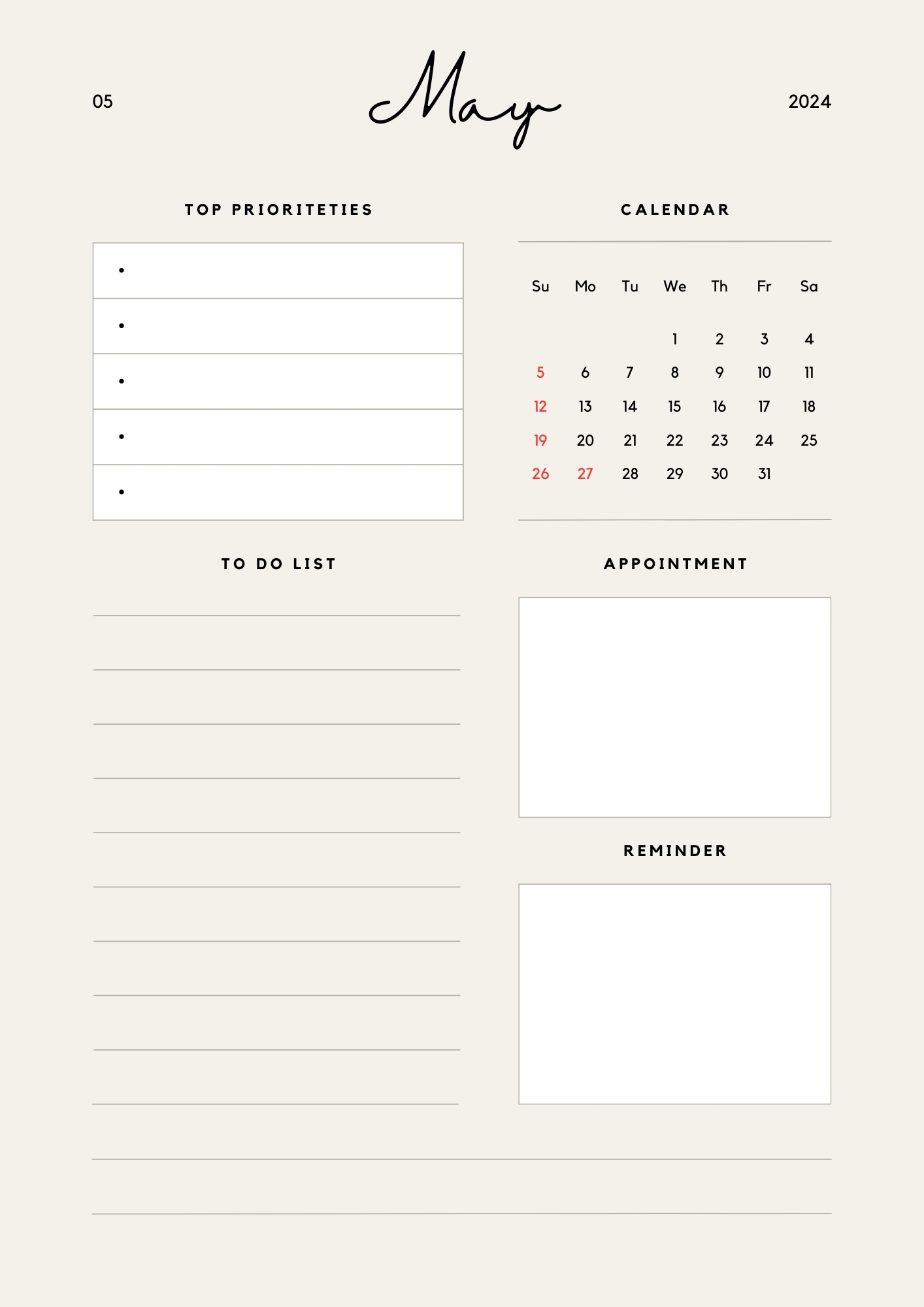 Beige Minimalist May Calendar 2024 Monthly Planner