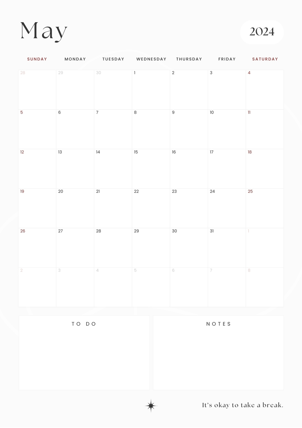 minimalist clean may 2024 calendar
